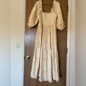 Free people dahlia embroidered dress with pockets and puff sleeves